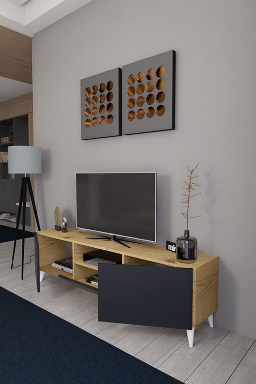 Bravix Modern Tv Ünitesi 3 Bölmeli Tv Sehpası Gövde ÇamKapaklar Antrasit