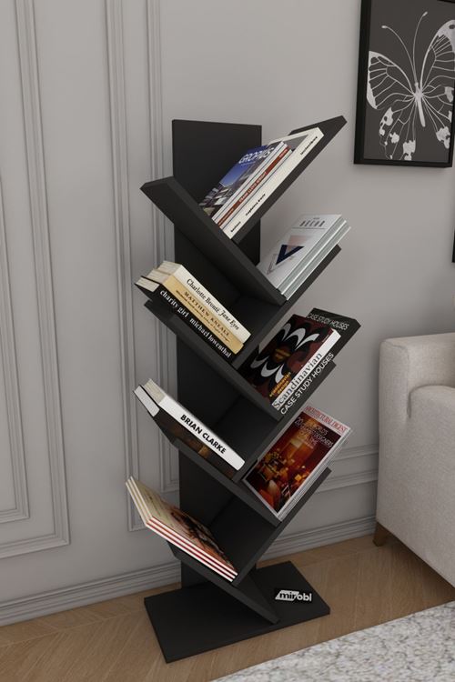 Dria Ağaç Kitaplık Dekoratif Kitaplık Raf Düzenleyici Kitap Rafı Antrasit
