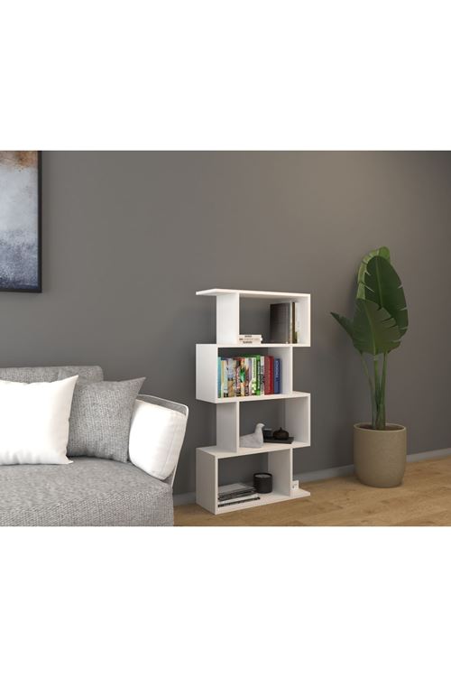 Derbent 4 Raflı Kitaplık Zikzak Dekoratif Raf Zigzag Kitaplık, Beyaz