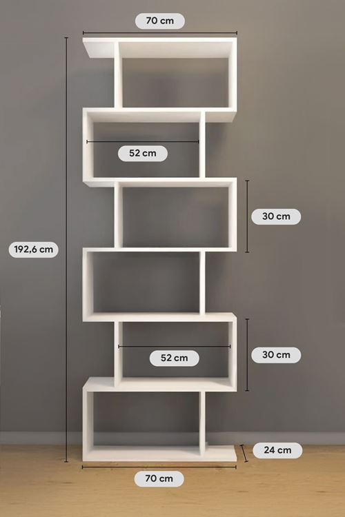 Oregon 6 Raflı Zikzak Kitaplık, Dekoratif Raf 6 Raflı Kitaplık, Labirent, Zigzag Beyaz
