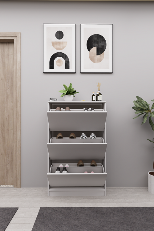 Mirobi Kembe 3 Bölmeli Açılır Modern Dekoratif Ayakkabılık Beyaz