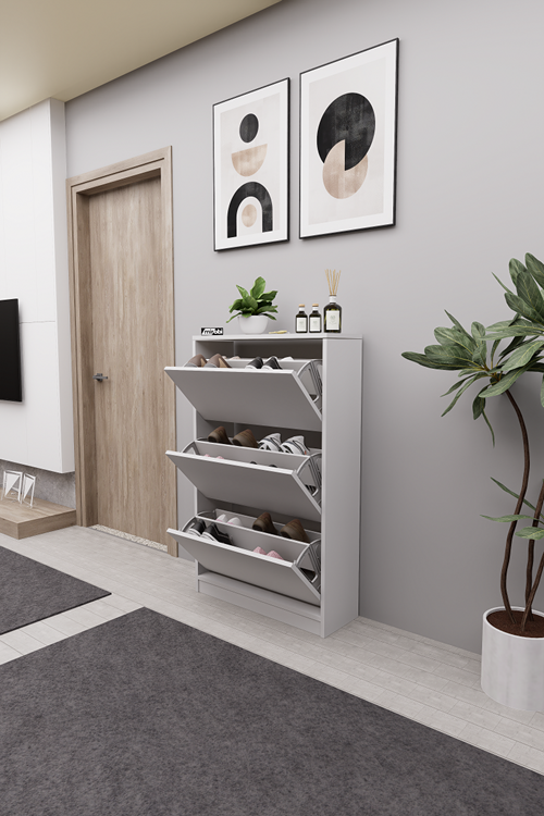 Mirobi Kembe 3 Bölmeli Açılır Modern Dekoratif Ayakkabılık Beyaz
