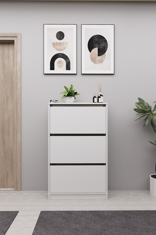 Mirobi Kembe 3 Bölmeli Açılır Modern Dekoratif Ayakkabılık Beyaz