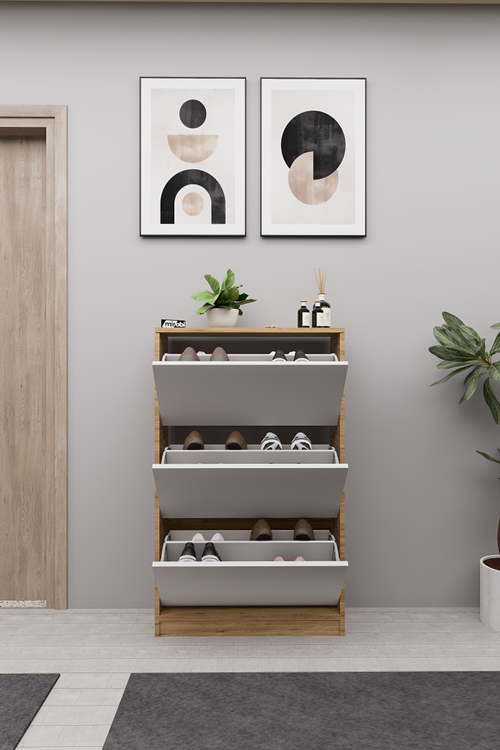 Mirobi Kembe 3 Bölmeli Açılır Modern Dekoratif Ayakkabılık Çam - Beyaz