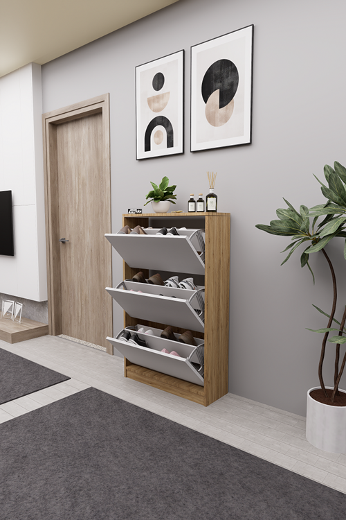 Mirobi Kembe 3 Bölmeli Açılır Modern Dekoratif Ayakkabılık Çam - Beyaz