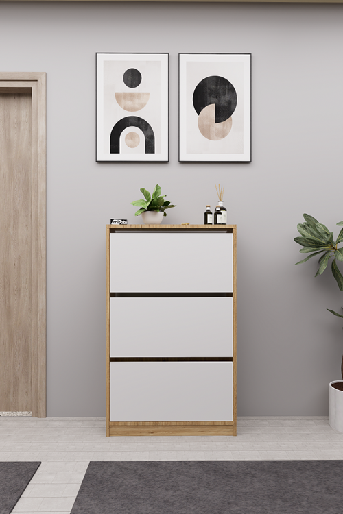 Mirobi Kembe 3 Bölmeli Açılır Modern Dekoratif Ayakkabılık Çam - Beyaz