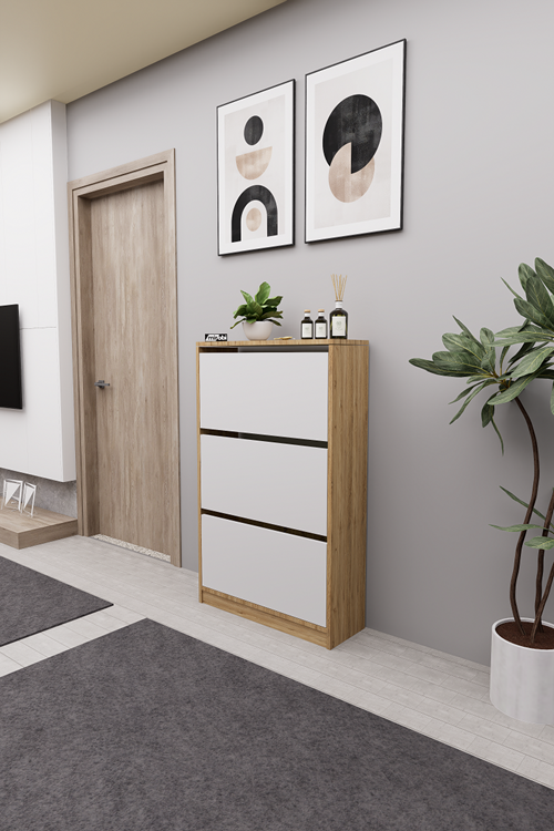 Mirobi Kembe 3 Bölmeli Açılır Modern Dekoratif Ayakkabılık Çam - Beyaz