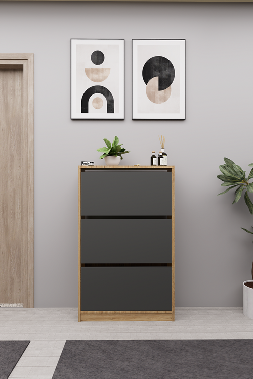 Mirobi Kembe 3 Bölmeli Açılır Modern Dekoratif Ayakkabılık Çam - Antrasit