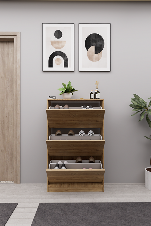 Mirobi Kembe 3 Bölmeli Açılır Modern Dekoratif Ayakkabılık Çam