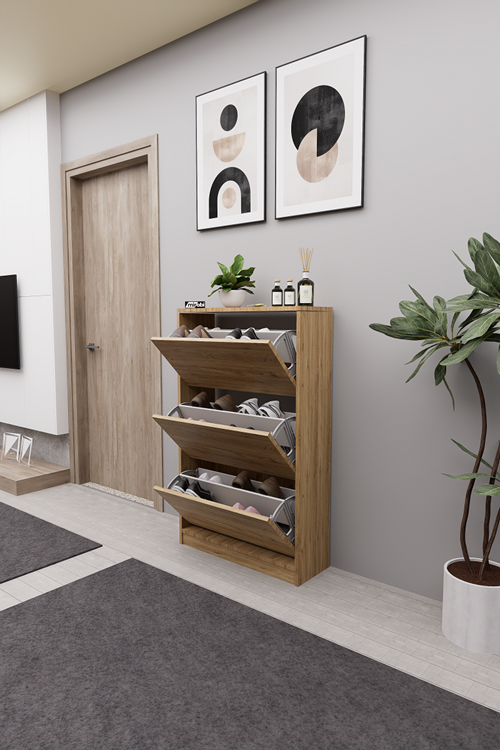 Mirobi Kembe 3 Bölmeli Açılır Modern Dekoratif Ayakkabılık Çam