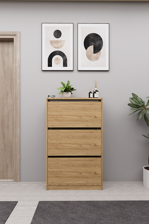 Mirobi Kembe 3 Bölmeli Açılır Modern Dekoratif Ayakkabılık Çam