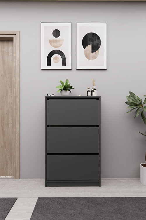 Mirobi Kembe 3 Bölmeli Açılır Modern Dekoratif Ayakkabılık Antrasit