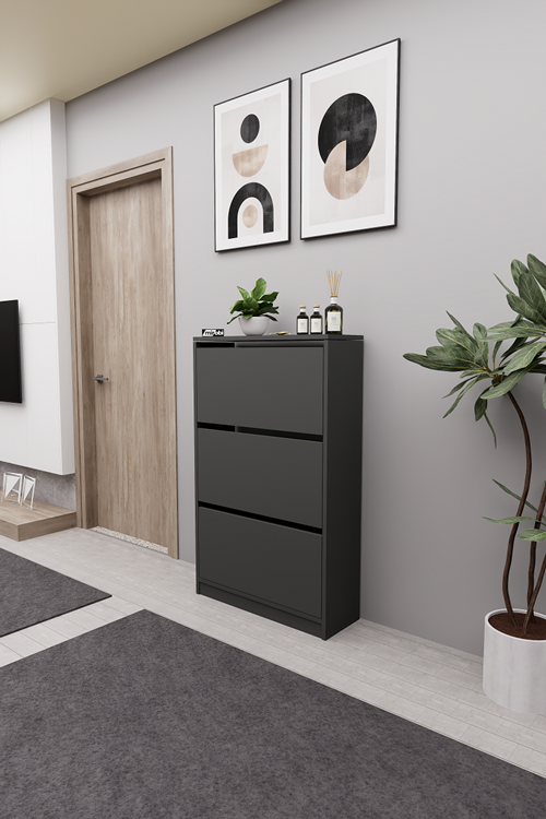 Mirobi Kembe 3 Bölmeli Açılır Modern Dekoratif Ayakkabılık Antrasit