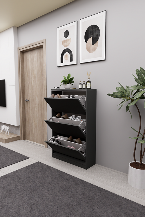 Mirobi Kembe 3 Bölmeli Açılır Modern Dekoratif Ayakkabılık Antrasit