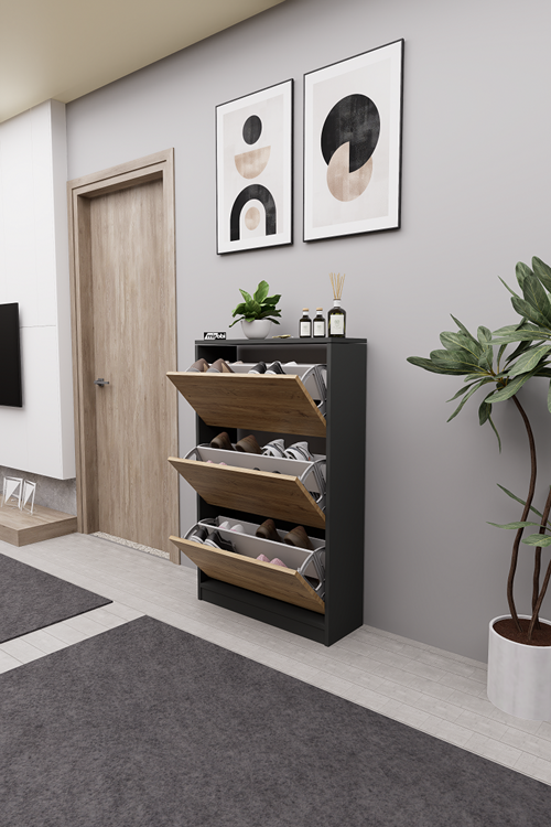 Mirobi Kembe 3 Bölmeli Açılır Modern Dekoratif Ayakkabılık Antrasit - Atlantik Çam