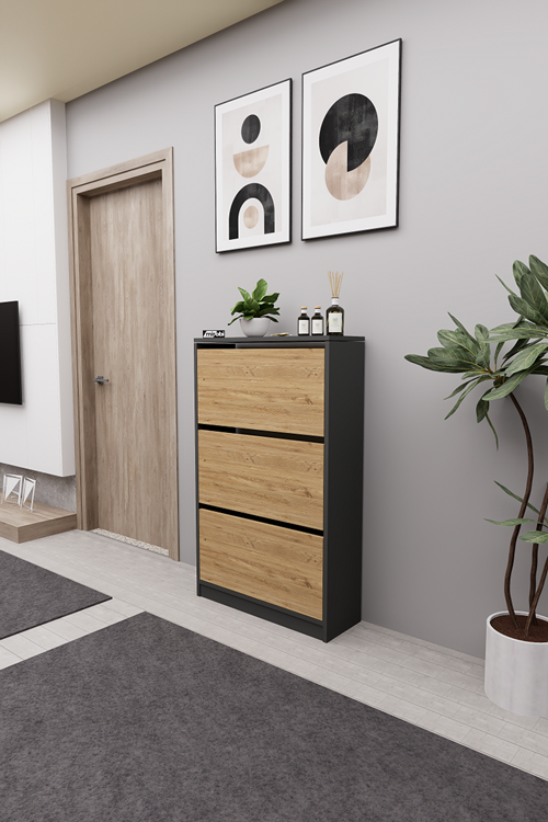 Mirobi Kembe 3 Bölmeli Açılır Modern Dekoratif Ayakkabılık Antrasit - Atlantik Çam