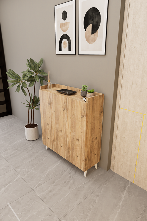 İliana 3 Kapaklı 4 Raflı Çok Amaçlı Dolap, Banyo Dolabı, Mutfak Dolabı Atlantik Çam