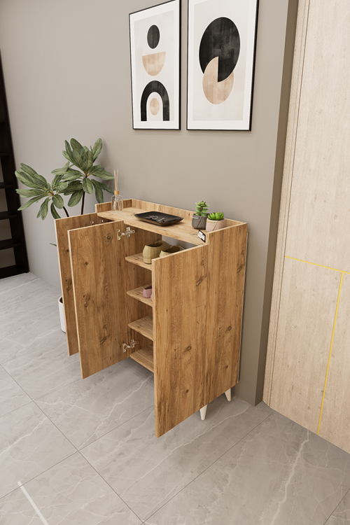 İliana 3 Kapaklı 4 Raflı Çok Amaçlı Dolap, Banyo Dolabı, Mutfak Dolabı Atlantik Çam