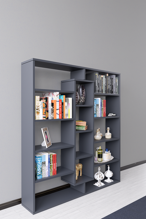 Kiola 14 Bölmeli Dekoratif Açık Tasarım Kitaplık Modern Kitaplık Antrasit