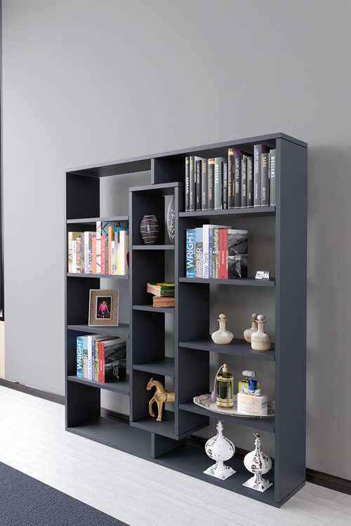 Kiola 14 Bölmeli Dekoratif Açık Tasarım Kitaplık Modern Kitaplık Antrasit