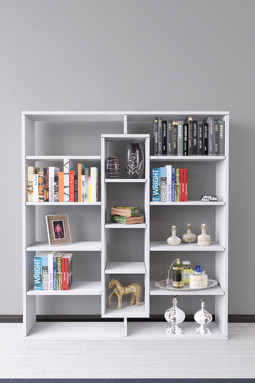 Kiola 14 Bölmeli Dekoratif Açık Tasarım Kitaplık Modern Kitaplık Beyaz