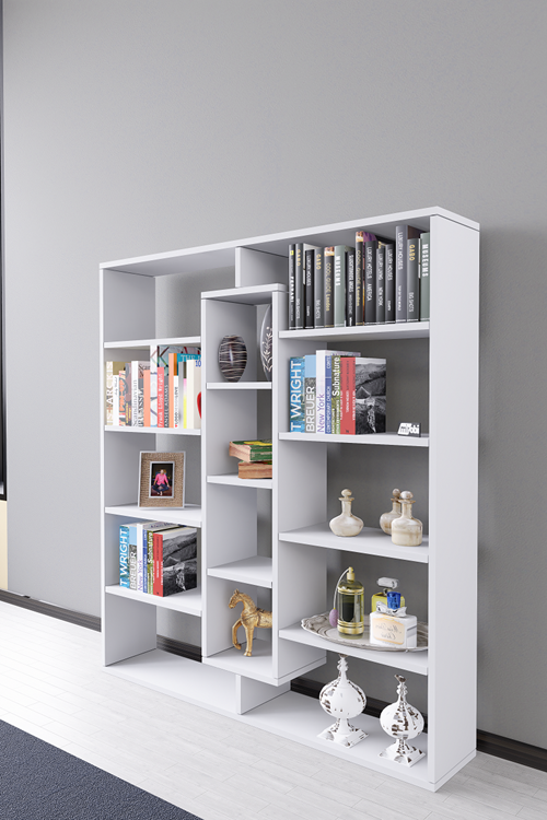 Kiola 14 Bölmeli Dekoratif Açık Tasarım Kitaplık Modern Kitaplık Beyaz