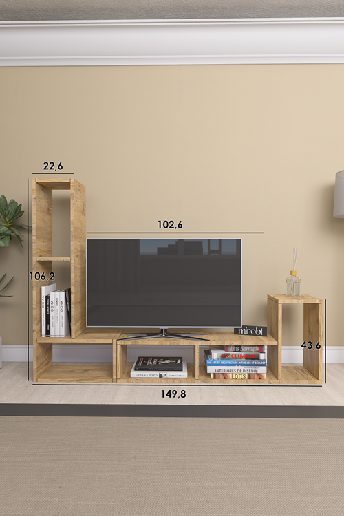 Çok Şekilli Fonksiyonel Tv Sehpası, Dekoratif Sehpa-Kitaplık, Blok Tv Ünitesi, Çam