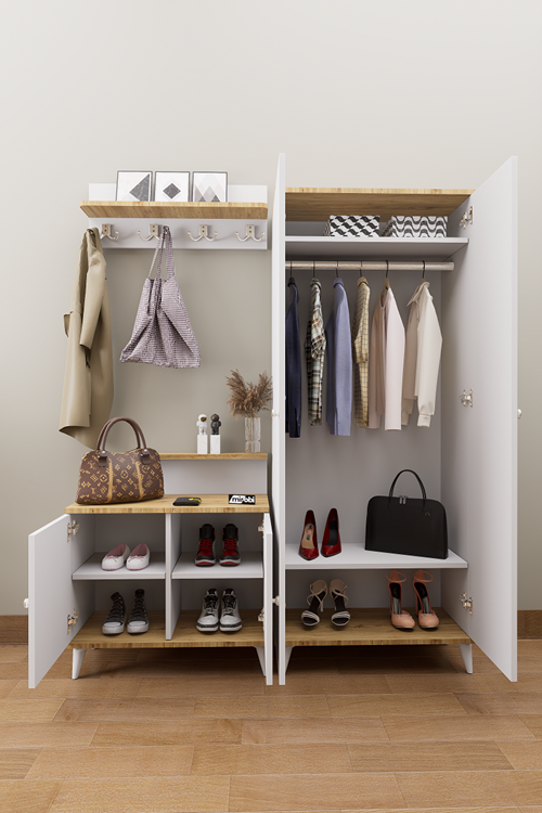 Loft Vestiyer Takımı Askılıklı 2 Kapaklı Ayakkabılık Dolabı Beyaz Çam