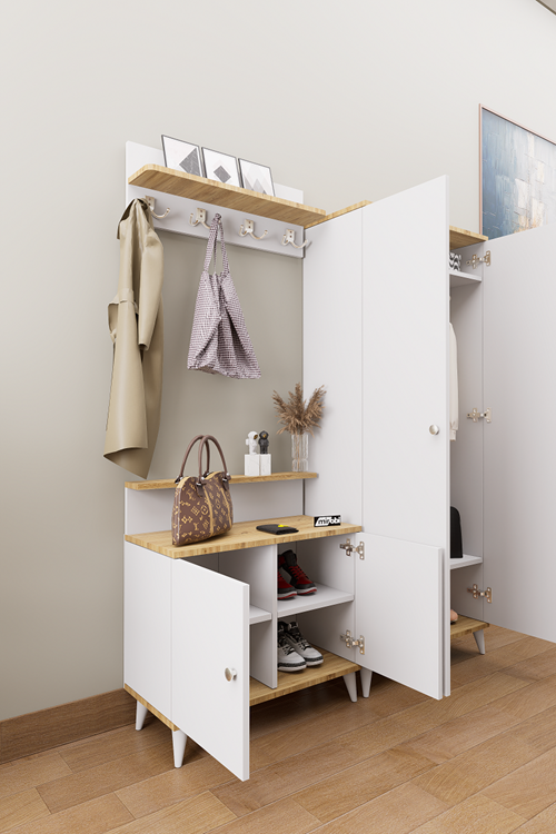Loft Vestiyer Takımı Askılıklı 2 Kapaklı Ayakkabılık Dolabı Beyaz Çam