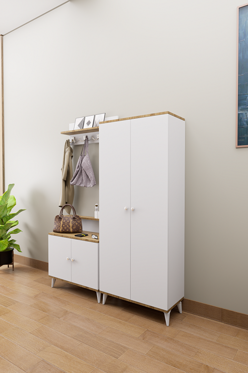 Loft Vestiyer Takımı Askılıklı 2 Kapaklı Ayakkabılık Dolabı Beyaz Çam