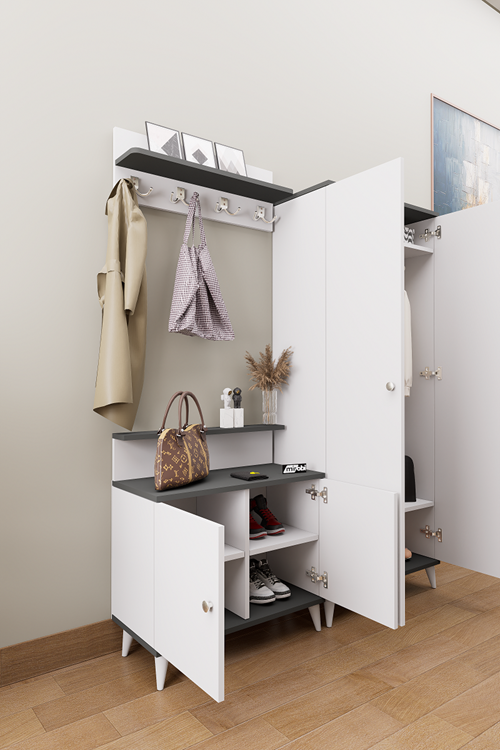 Loft Vestiyer Takımı Askılıklı 2 Kapaklı Ayakkabılık Dolabı Beyaz Antrasit