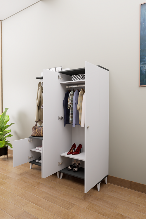Loft Vestiyer Takımı Askılıklı 2 Kapaklı Ayakkabılık Dolabı Beyaz Antrasit
