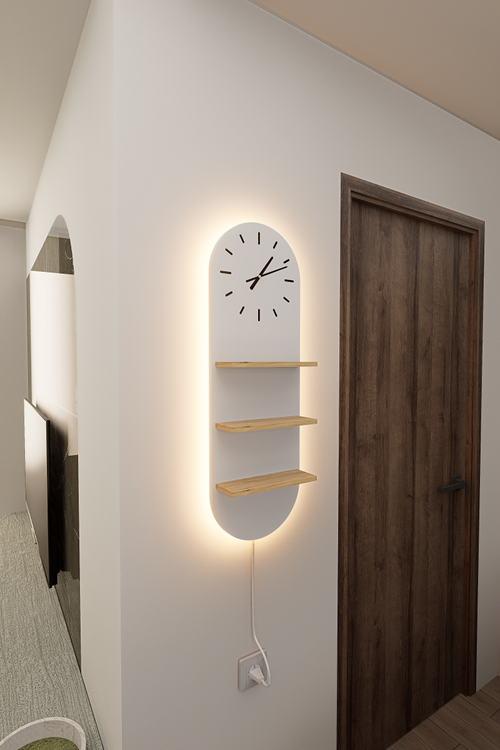 Mirobi Arco LED Aydınlatmalı Duvar Saati 3 Raflı Dekoratif Duvar Saati Beyaz Çam