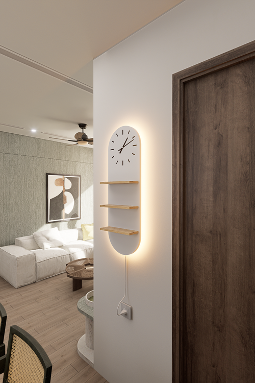 Mirobi Arco LED Aydınlatmalı Duvar Saati 3 Raflı Dekoratif Duvar Saati Beyaz Çam