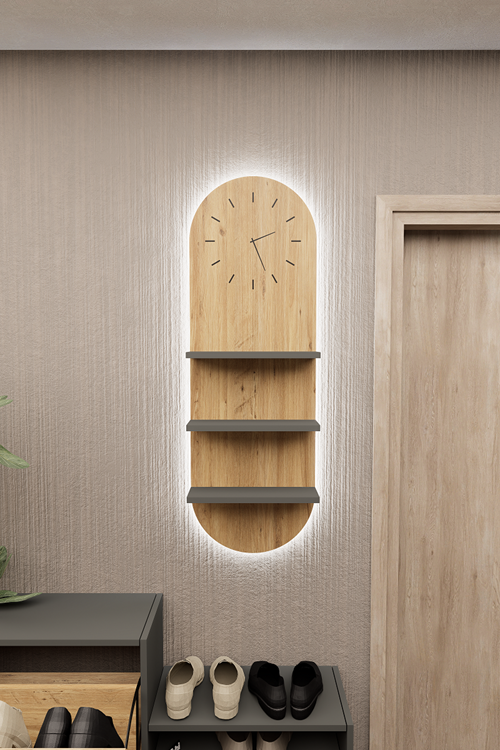 Mirobi Arco LED Aydınlatmalı Duvar Saati 3 Raflı Dekoratif Duvar Saati Çam Antrasit