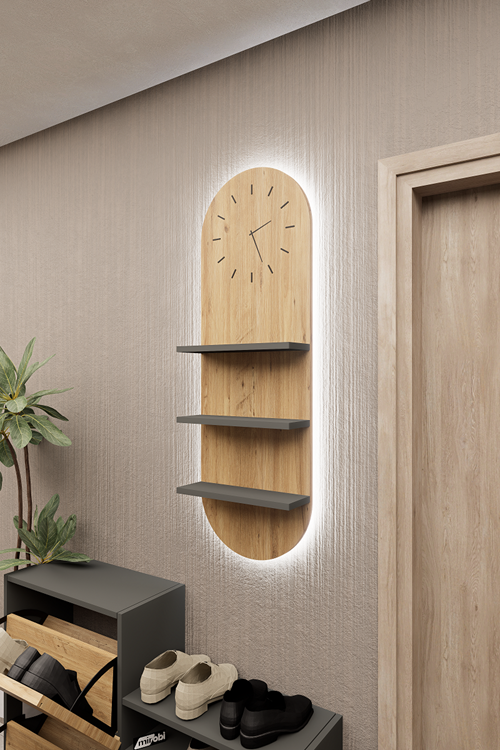 Mirobi Arco LED Aydınlatmalı Duvar Saati 3 Raflı Dekoratif Duvar Saati Çam Antrasit