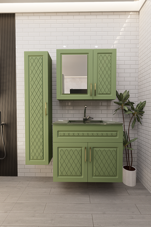 Mirobi Velora Banyo Dolabı Takım Membran Kapaklı Cam Lavabolu  Modern Tasarım